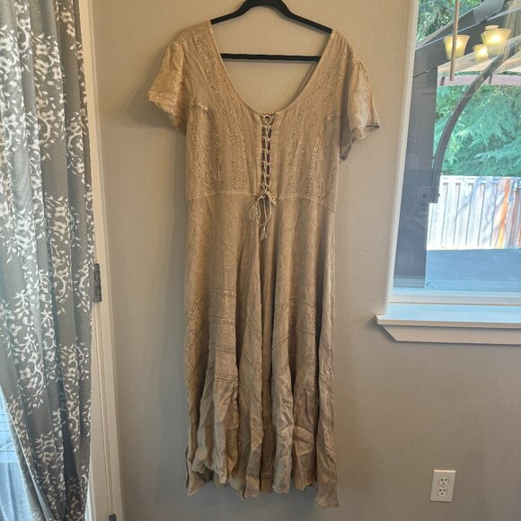 VTG 90's Y2K Boho dress Plus One Size beige embroidered peasant style - Picture 1 of 10